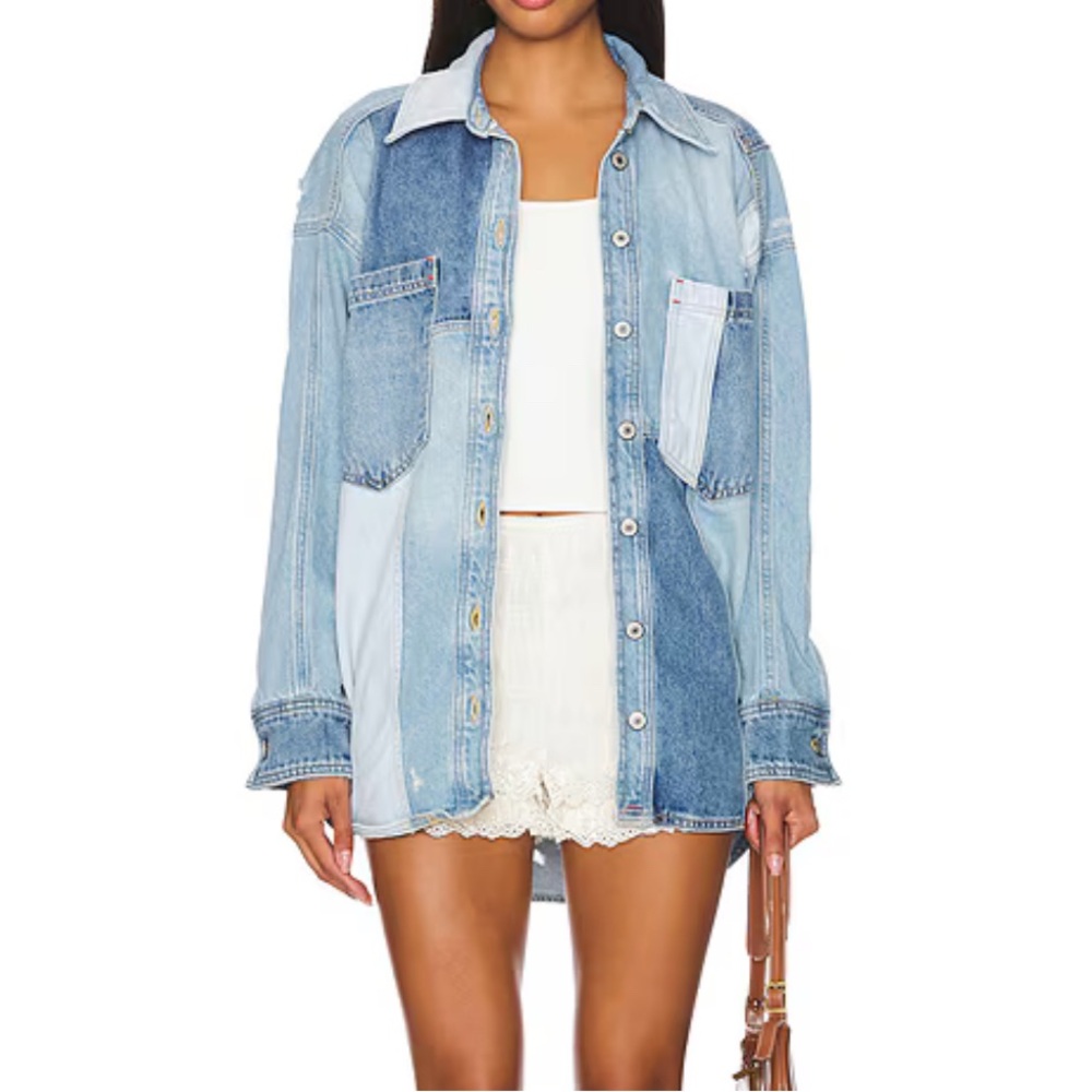 Free People Patchwork Light Blue Denim Jacket